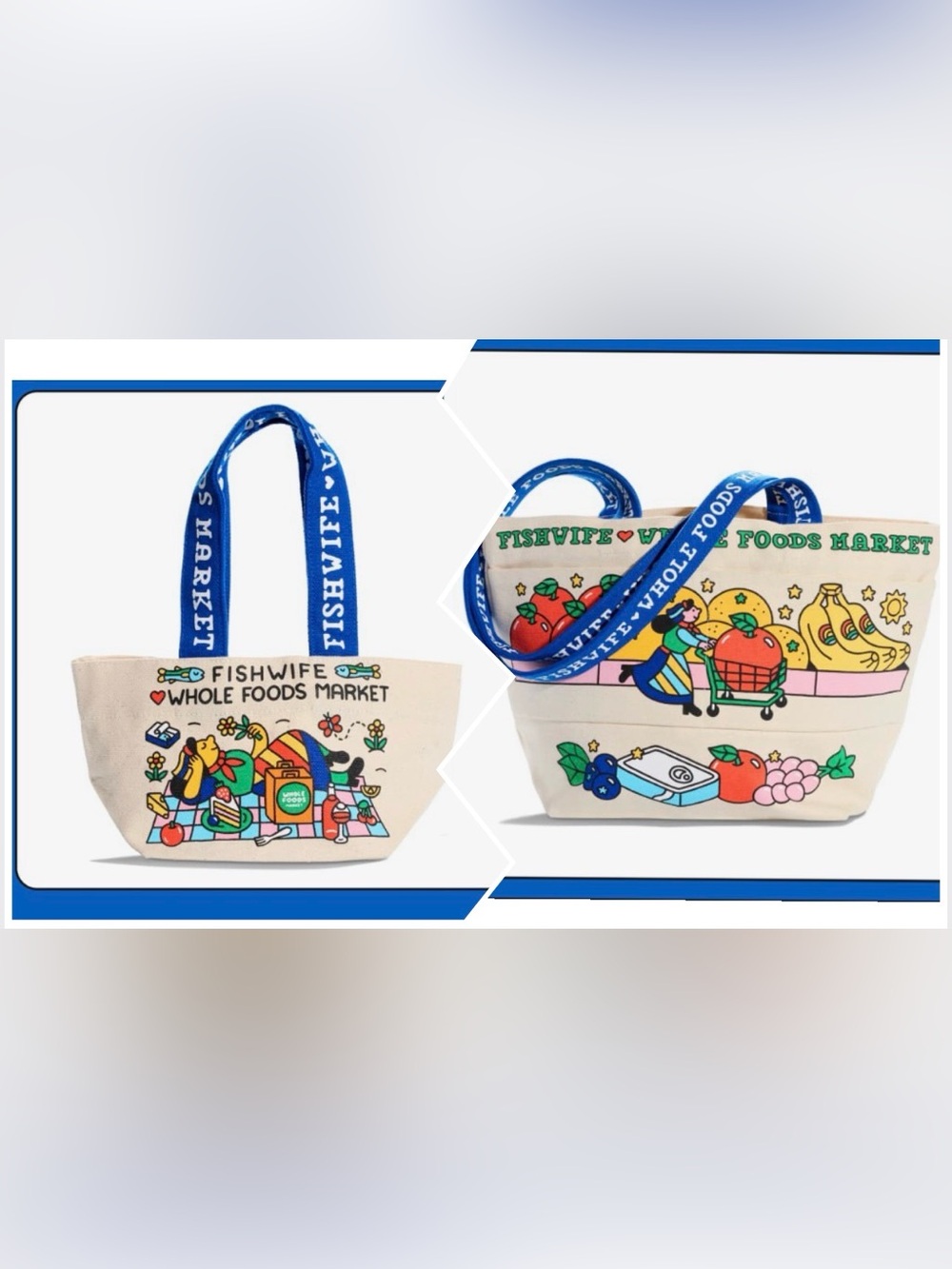 Whole Foods x Fishwife Combo Limited Edition Reusable MD & Micro Tote Bags NWT